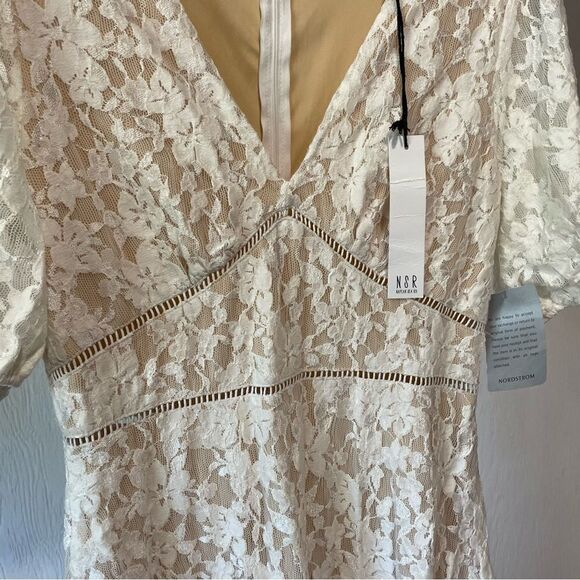 Revolve NSR Puff Sleeve Nude Tan White Cream Floral Lace Dress - Picture 6 of 10